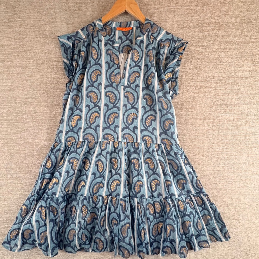 Oliphant Block Print Tiered Mini Dress Womens L Blue Gold Metallic Boho NWOT